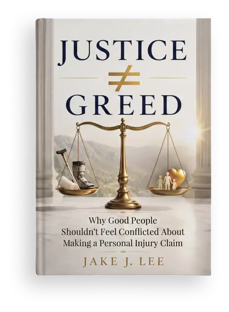 Justice ≠ Greed: Why Good People Shouldn't Feel Conflicted About Making a Personal Injury Claim, by Jake J. Lee (eBook cover)